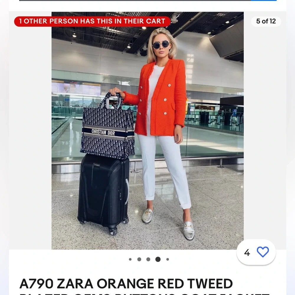 Zara Bright Orange Red Tweed Diamond Button Blazer - Picture 4 of 15